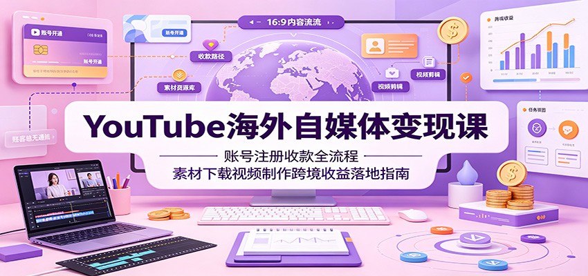 YouTube海外自媒体变现课:账号注册收款全流程,素材下载视频制作跨境收益落地指南-猴哥VIP资源站