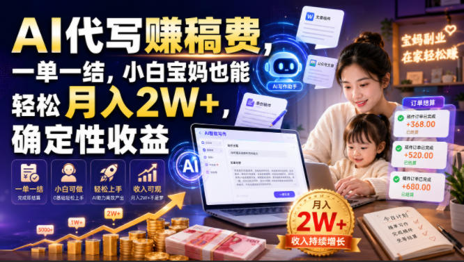 AI代写賺稿费，一单一结，小白宝妈也能轻松月入2W+，确定性收益【揭秘】-猴哥VIP资源站