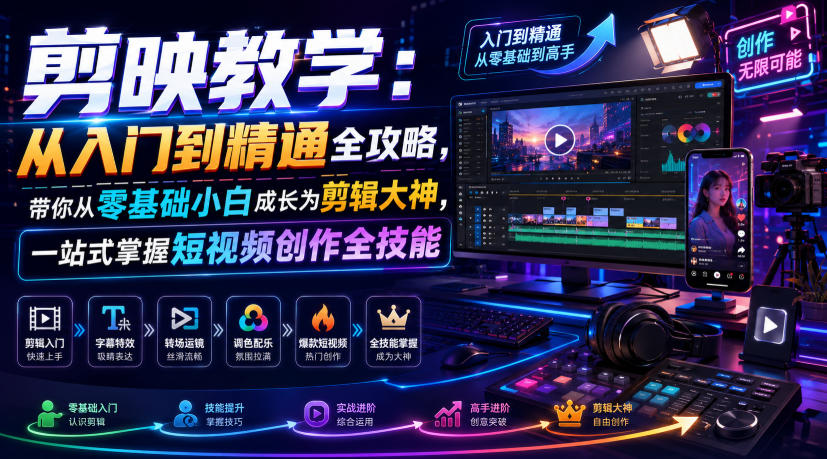剪映教学：从入门到精通全攻略，带你从零基础小白成长为剪辑大神，一站式掌握短视频创作全技能-猴哥VIP资源站