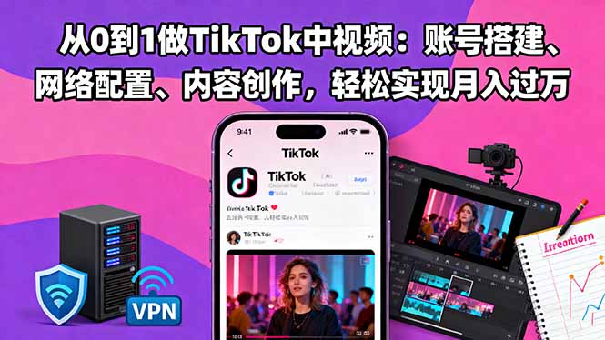 从0到1做TikTok中视频：账号搭建、网络配置、内容创作，轻松实现月入过万-猴哥VIP资源站