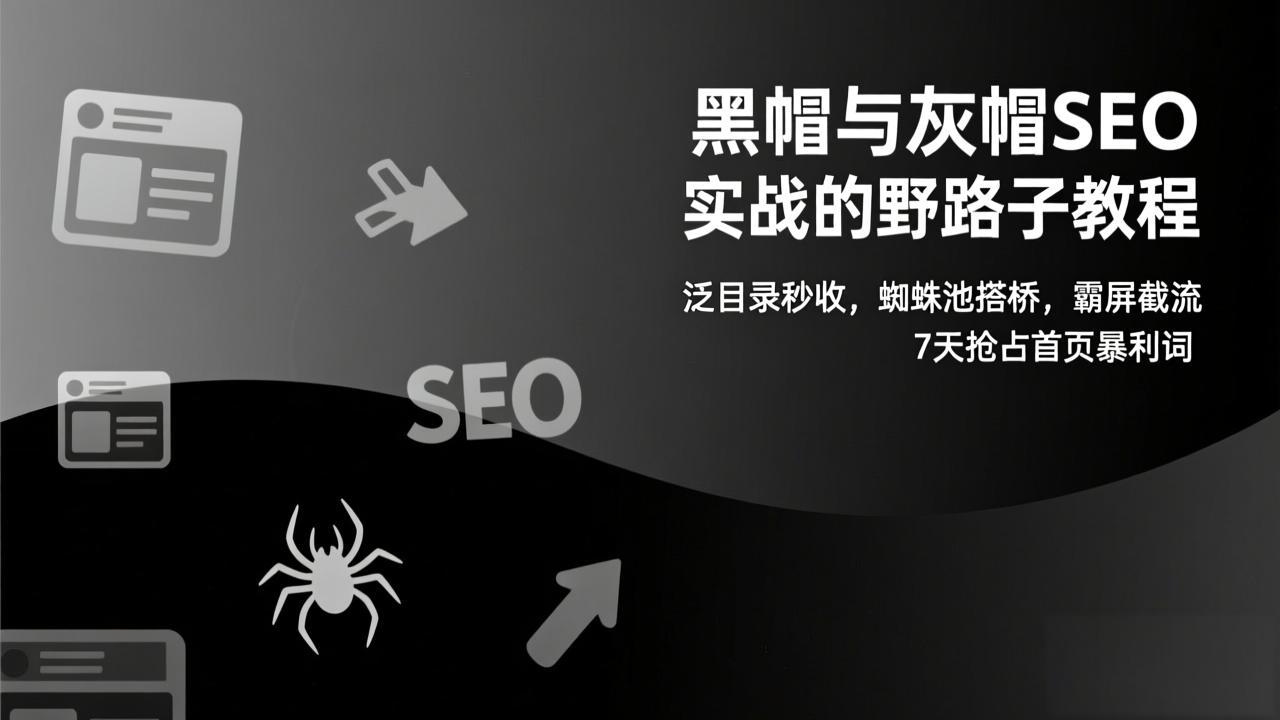 黑帽与灰帽SEO实战的野路子教程:泛目录秒收,蜘蛛池搭桥,霸屏截流,7天抢占首页暴利词-猴哥VIP资源站