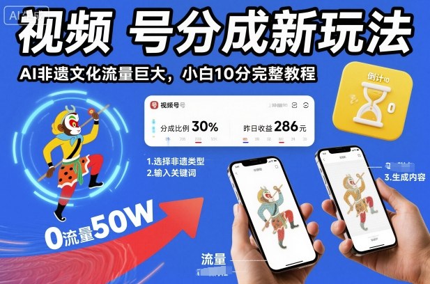 视频号分成新玩法，AI非遗文化流量巨大，小白10分钟搞定，完整教程-猴哥VIP资源站