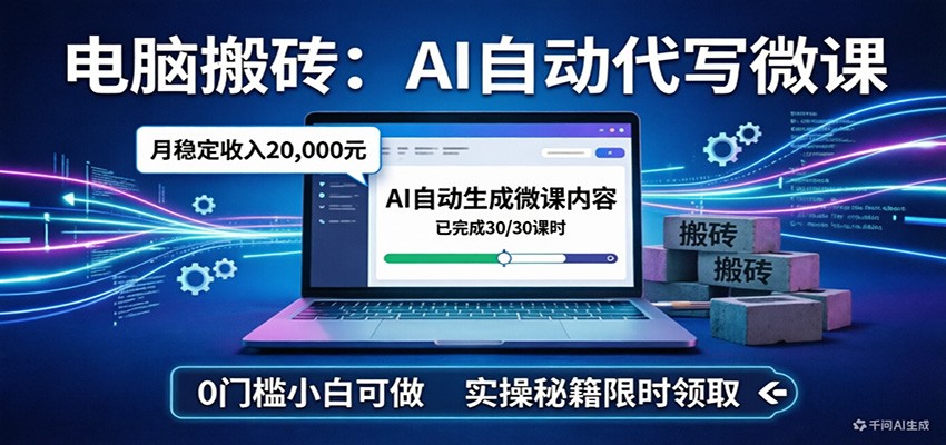 电脑搬砖AI自动代写微课，月稳定2W，0门槛小白可做，实操秘籍-猴哥VIP资源站