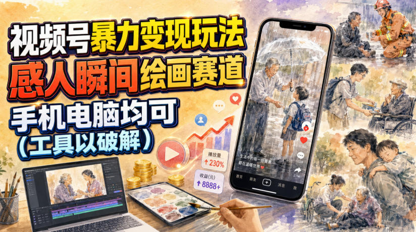 视频号暴力变现玩法,感人瞬间绘画赛道,手机电脑均可-猴哥VIP资源站