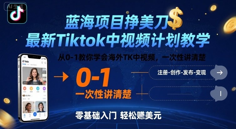 蓝海项目挣美刀，最新Tiktok中视频计划教学，从0-1教你学会海外TK中视频，一次性讲清楚-猴哥VIP资源站