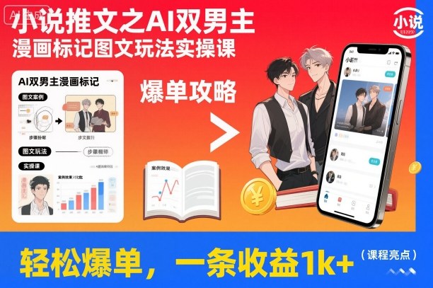 小说推文之AI双男主漫画标记图文玩法实操课，轻松爆单，一条收益1k+-猴哥VIP资源站