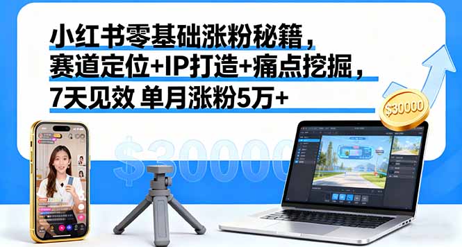 小红书零基础涨粉秘籍，赛道定位+IP打造+痛点挖掘，7天见效 单月涨粉5万+-猴哥VIP资源站