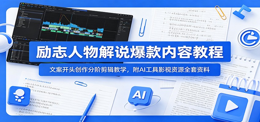励志人物解说爆款内容教程：文案开头创作分阶剪辑教学，附AI 工具影视资源全套资料-猴哥VIP资源站