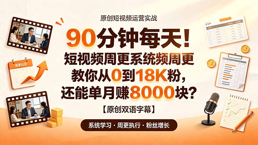 90 分钟每天！短视频周更系统教你从 0 到 18K 粉，还能单月赚 8000 块？【原创双语字幕】-猴哥VIP资源站