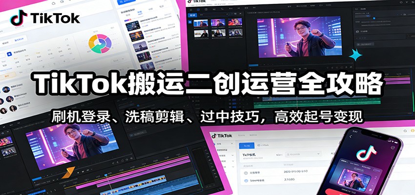 TikTok搬运二创运营全攻略：刷机登录、洗稿剪辑 、过中技巧，高效起号变现-猴哥VIP资源站