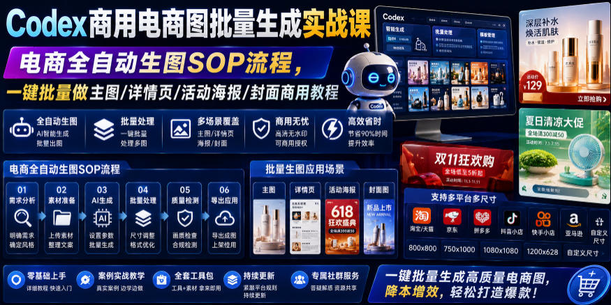 Codex商用电商图批量生成实战课|电商全自动生图SOP流程,一键批量做主图/详情页/活动海报/封面商用教程-猴哥VIP资源站