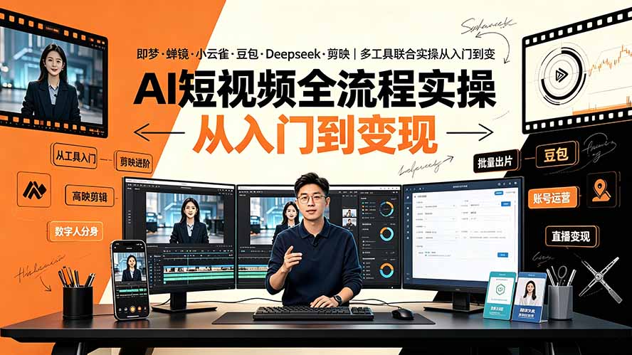 AI短视频全流程实操:即梦·蝉镜·小云雀·豆包·Deepseek·剪映|多工具联合实操从入门到变现-猴哥VIP资源站