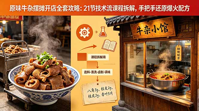 原味牛杂摆摊开店全套攻略:21节技术流课程拆解,手把手还原爆火配方-猴哥VIP资源站