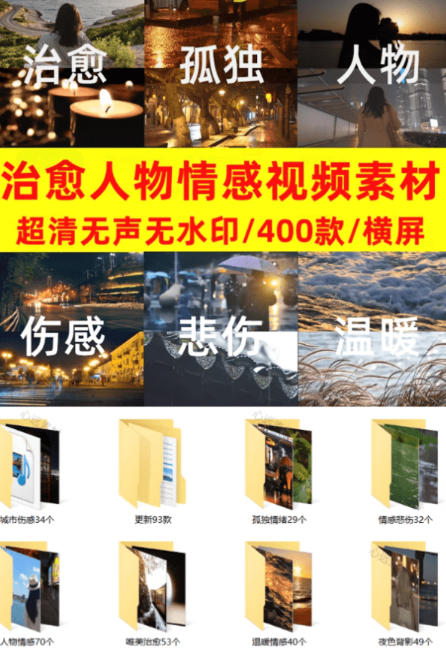 爆款短视频常用视频素材!抖音治愈伤感人物情感视频素材,400款合集,无声无水印,视频感氛围拉满-猴哥VIP资源站