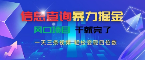 信息查询暴力掘金,一天三条视频,轻松变现四位数,风口项目干就完了【揭秘】-猴哥VIP资源站