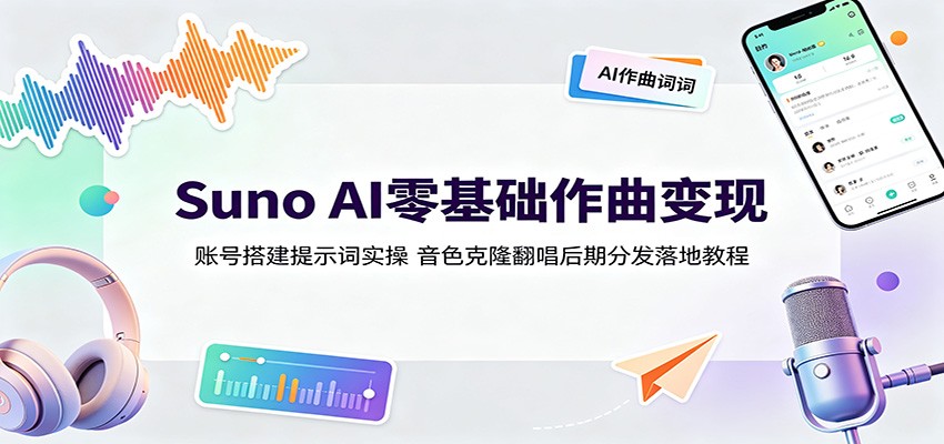 Suno AI零基础作曲变现:账号搭建提示词实操,音色克隆翻唱后期分发落地教程-猴哥VIP资源站