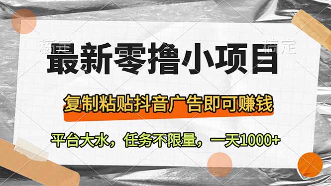 最新零撸小项目，复制粘贴抖音广告即可赚钱，平台大水，任务不限量，一…-猴哥VIP资源站