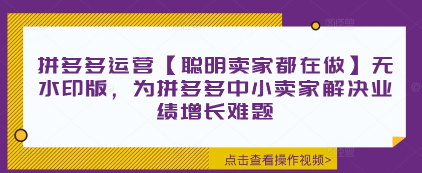 拼多多运营【聪明卖家都在做】无水印版，为拼多多中小卖家解决业绩增长难题-猴哥VIP资源站