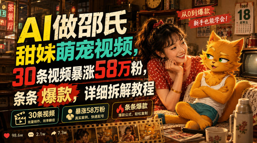 AI做邵氏甜妹萌宠视频，30条视频暴涨58万粉，条条爆款，详细拆解教程-猴哥VIP资源站