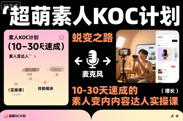 超萌素人KOC计划，10-30天速成的素人变内容达人实操课，适合想做短剧小说推文电商推广的素人入局-猴哥VIP资源站