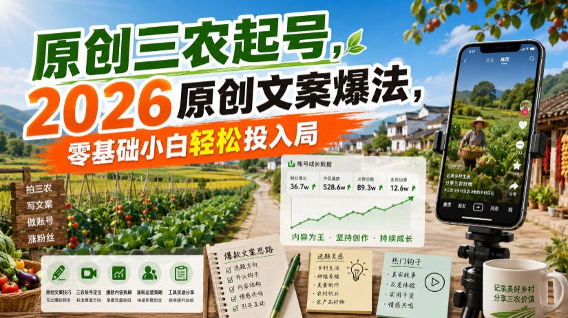 原创三农起号，2026原创文案爆法，零基础小白轻松投入局-猴哥VIP资源站