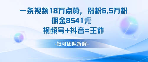 一条视频18W点赞，涨粉6.5W粉佣金8541米，视频号+抖音=王炸-猴哥VIP资源站