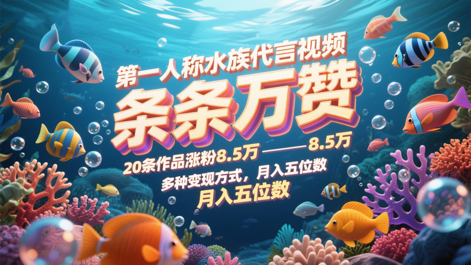 第一人称水族代言视频,条条万赞,20条作品涨粉8.5万,多种变现方式月,入五位数-猴哥VIP资源站