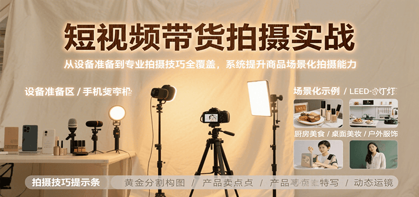 短视频带货拍摄实战，从设备准备到专业拍摄技巧全覆盖，系统提升商品场景化拍摄能力-猴哥VIP资源站