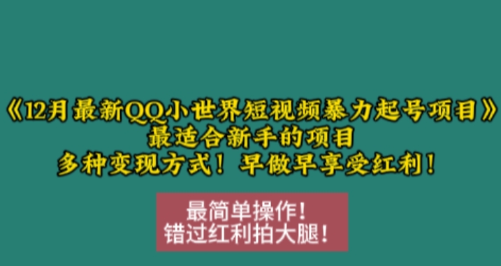 12月最新QQ小世界短视频暴力起号项目，最适合新手的项目，多种变现方式-猴哥VIP资源站