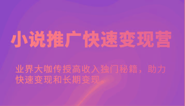 小说推广快速变现营-业界大咖传授高收入独门秘籍，助力快速变现和长期变现。-猴哥VIP资源站