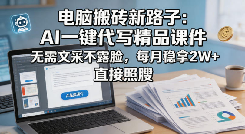 电脑搬砖新路子：AI一键代写精品课件，无需文采不露脸，每月稳拿2W+，直接照搬-猴哥VIP资源站