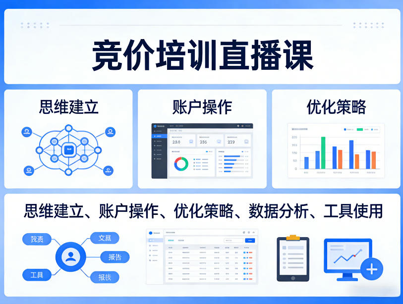 竞价培训直播课，覆盖思维建立、账户操作、优化策略、数据分析、工具使用等，全方位提升效果-猴哥VIP资源站