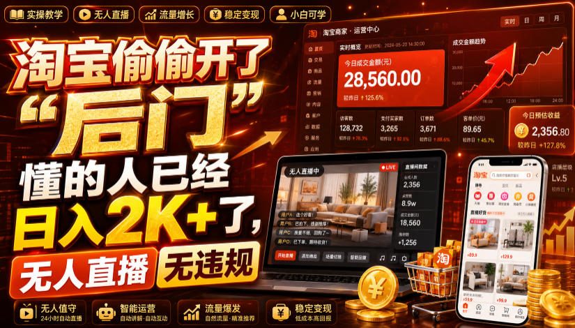 淘宝偷偷开了“后门”，懂的人已经日入2K+了，无人直播无违规，一台电脑=一家24小时营业的线上门店【揭秘】-猴哥VIP资源站