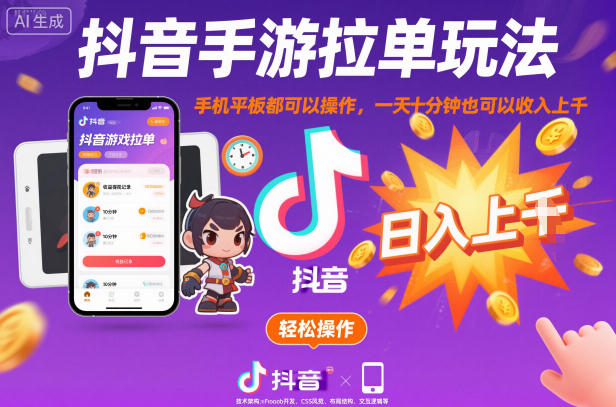 抖音手游拉单玩法,手机平板都可以操作,一天十分钟也可以收入上K【揭秘】-猴哥VIP资源站