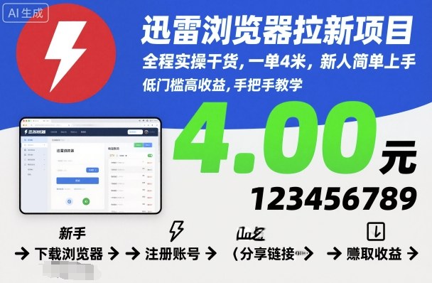 迅雷浏览器拉新项目,全程实操干货,一单4米,新人简单上手-猴哥VIP资源站