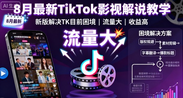 8月最新TikTok影视解说教学,新版解决TK目前困境,流量大,收益高-猴哥VIP资源站