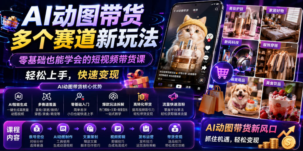 AI动图带货多个赛道新玩法,零基础也能学会的短视频带货课,轻松上手,快速变现-猴哥VIP资源站