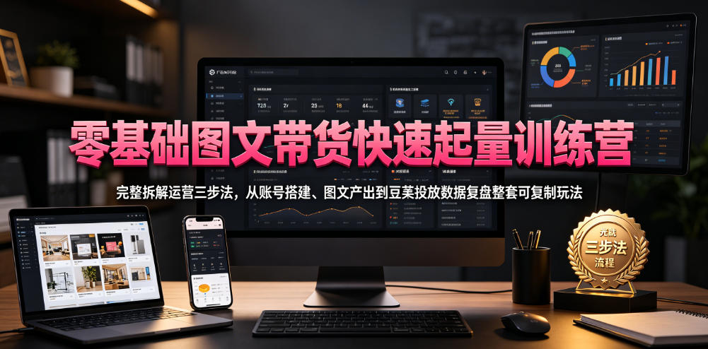 零基础图文带货快速起量训练营,完整拆解运营三步法,从账号搭建、图文产出到豆荚投放数据复盘整套可复制玩法-猴哥VIP资源站