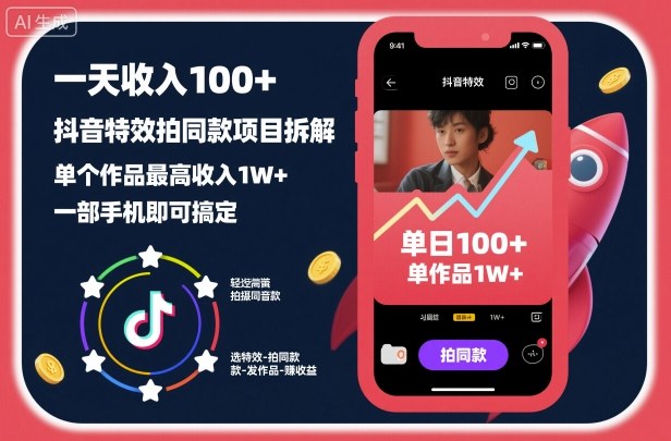 一天收入100+，抖音特效拍同款项目拆解，单个作品最高收入1W+，一部手机即可搞定-猴哥VIP资源站