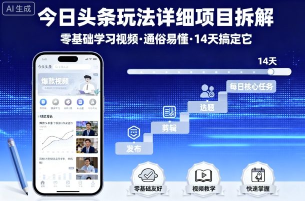 今日头条玩法详细项目拆解，零基础学习视频 通俗易懂 14天搞定它-猴哥VIP资源站