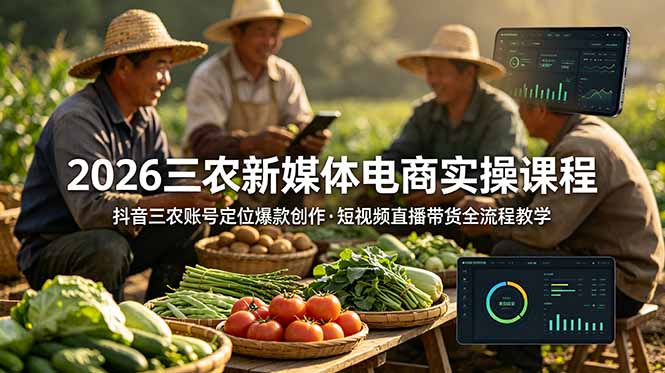 2026三农新媒体电商实操课程:抖音三农账号定位爆款创作,短视频直播带货全流程教学-猴哥VIP资源站