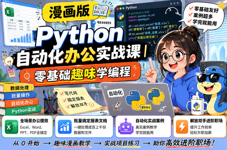 漫画版Python自动化办公实战课|零基础趣味学编程,全场景办公提效、批量搞定报表文档、解放双手进阶职场-猴哥VIP资源站