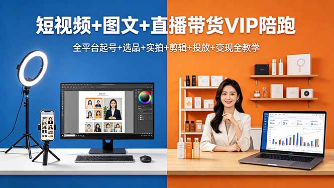 短视频+图文+直播带货VIP陪跑，全平台起号+选品+实拍+剪辑+投放+变现全教学-猴哥VIP资源站