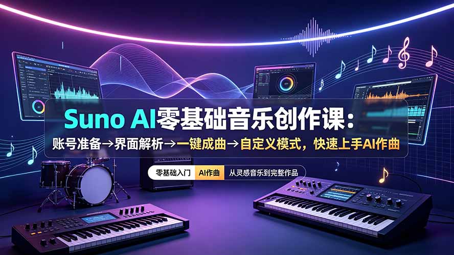 Suno AI零基础音乐创作课：账号准备→界面解析→一键成曲→自定义模式，快速上手AI作曲-猴哥VIP资源站